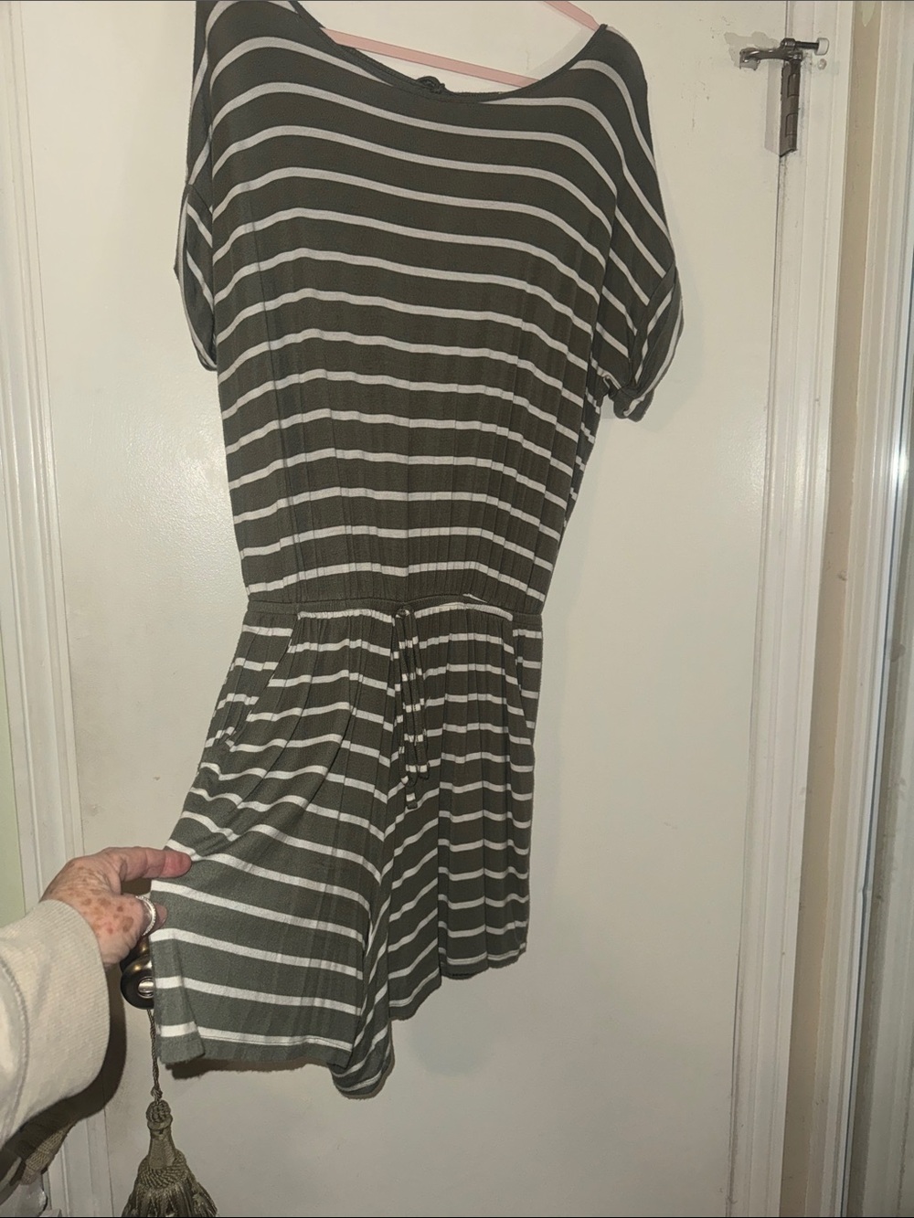 Zenana Striped Short Sleeve Romper in Olive and White